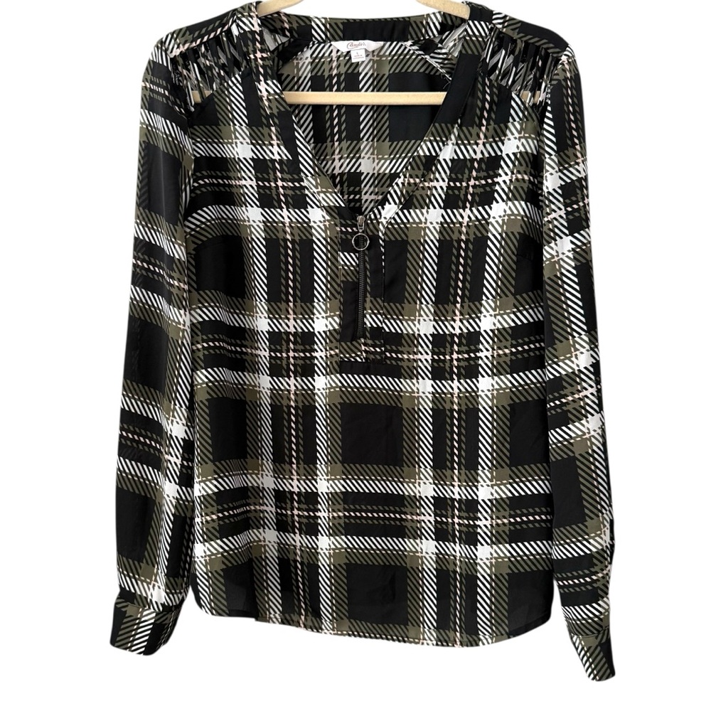Candie’s Large Black White Plaid Zip Front Blouse Long Sleeve Cutout Shoulder